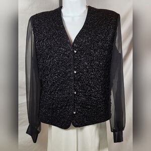 JEFFREY & DARA Black Satin Ruffle Sheer Sleeve Silky Evening Coverup - Size 12